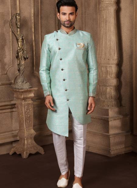 Sky Blue New Party Wear Jacquard Silk Digital Print Indo Western Mens Collection 9227